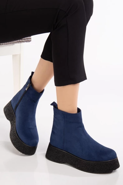 Kadın Bot Lacivert Kalın Taban Süet Bağsız Yüzüdüz - Resim 2