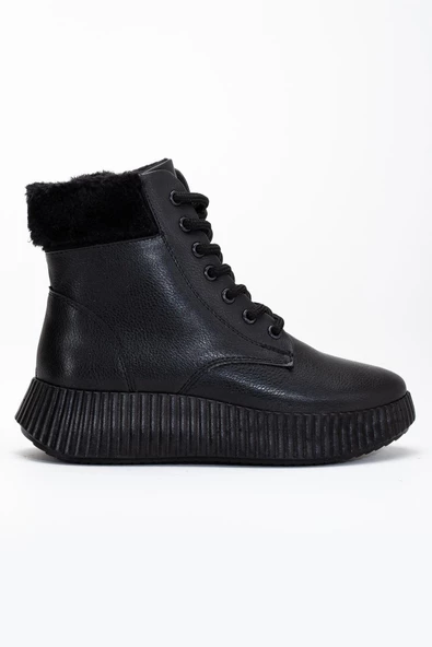 Kadın Bot Siyah Kalın Taban Boğaz Kürklü Bağcıklı - Resim 3