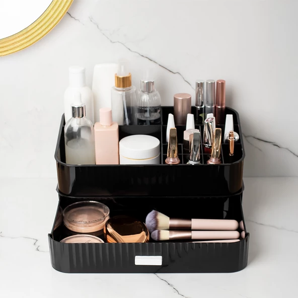 Porsima 0619 Çekmeceli Takı Organizeri Makyaj Düzenleyici Makyaj Kutusu Çekmeceli Takı Bijuteri Mücevher Kutusu Siyah - Resim 4