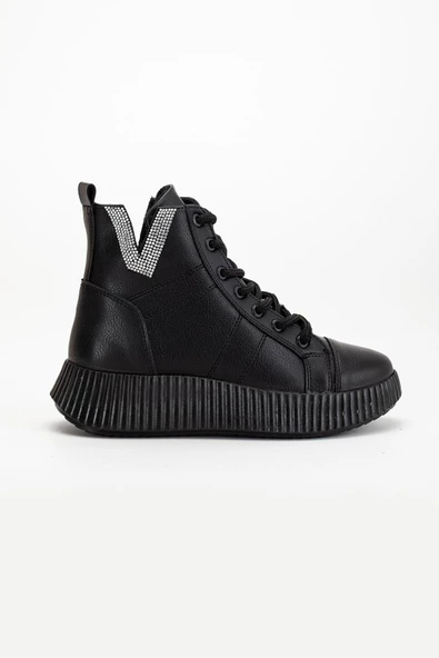 Kadın Bot Siyah Kalın Taban Taşlı Bağlı - Resim 3