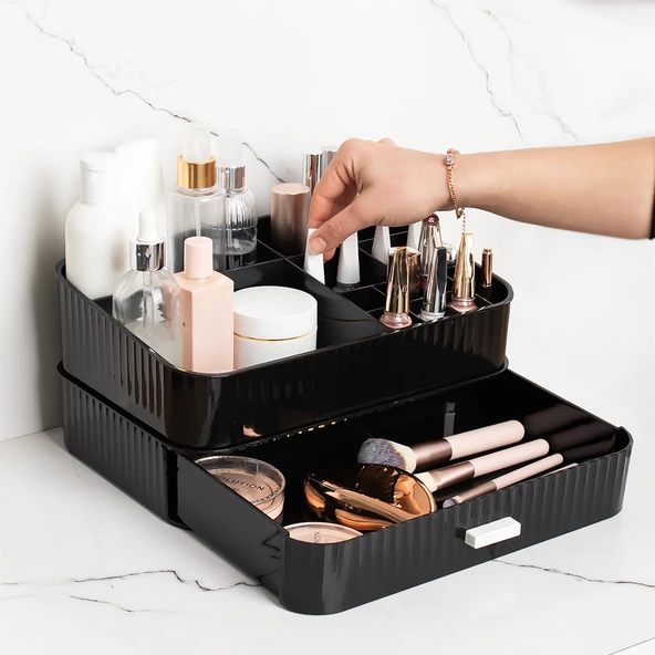 Porsima 0619 Çekmeceli Takı Organizeri Makyaj Düzenleyici Makyaj Kutusu Çekmeceli Takı Bijuteri Mücevher Kutusu Siyah - Resim 3