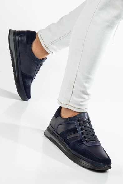Hakiki Deri Erkek Günlük Ayakkabı Lacivert Süet ve Deri Bağlı Termo Taban - Resim 2