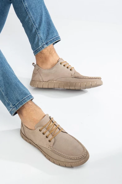 Hakiki Deri Nubuk Erkek Günlük Ayakkabı Bej Saraçlı Kısa Bağlı - Resim 2
