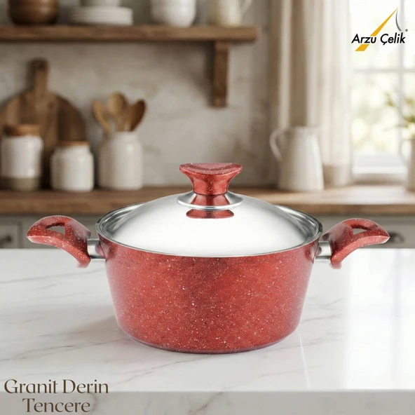 20 Cm Granit Derin Tencere Çelik Kapak - Kırmızı