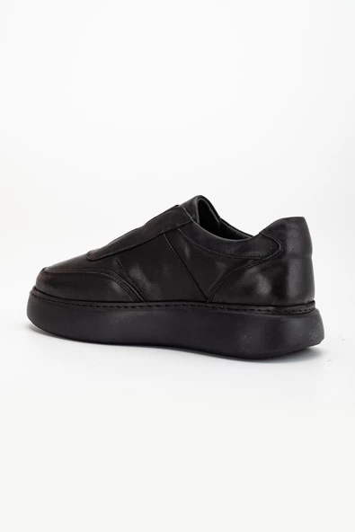 Hakiki Deri Erkek Günlük Ayakkabı Siyah Bağsız Elastik Bantlı Hafif Kalın Taban - Resim 5