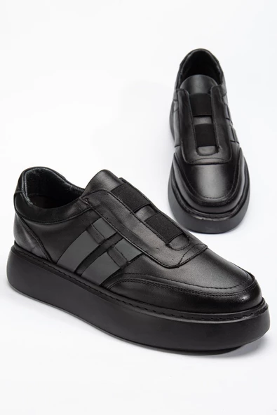 Hakiki Deri Erkek Günlük Ayakkabı Siyah Bağsız Elastik Bantlı Hafif Kalın Taban ürün görseli