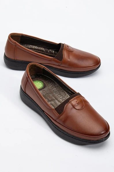 Büyük Numara Hakiki Deri Kadın Günlük Ortopedik Ayakkabı Taba Düz Model ürün görseli