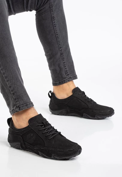 Hakiki Deri Nubuk Saraçlı Bağlı Siyah Siyah Erkek Günlük Ayakkabı - Resim 2