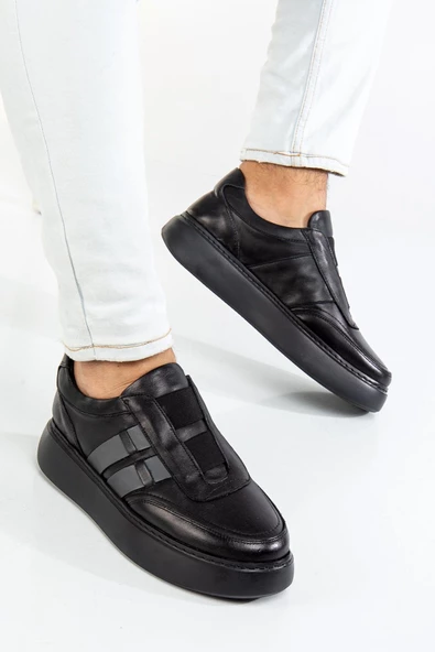 Hakiki Deri Erkek Günlük Ayakkabı Siyah Bağsız Elastik Bantlı Hafif Kalın Taban - Resim 2