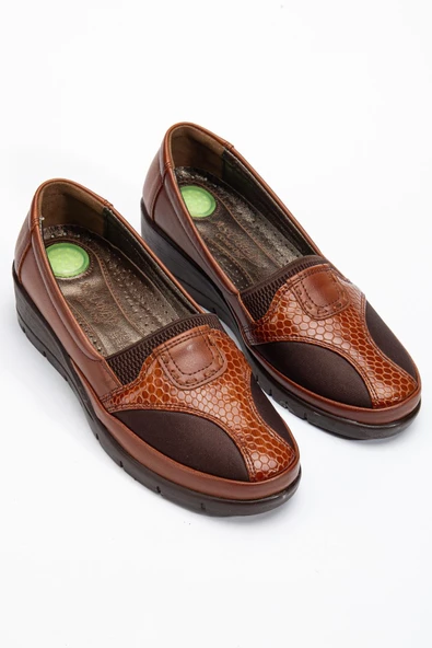 Büyük Numara Hakiki Deri Kadın Günlük Ortopedik Ayakkabı Taba Yan Streçli ürün görseli