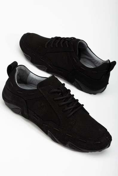 Hakiki Deri Nubuk Saraçlı Bağlı Siyah Siyah Erkek Günlük Ayakkabı ürün görseli