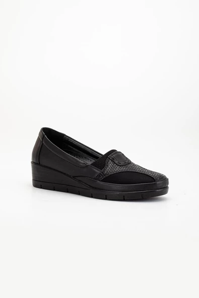 Büyük Numara Hakiki Deri Kadın Günlük Ortopedik Ayakkabı Siyah Yan Streçli - Resim 4