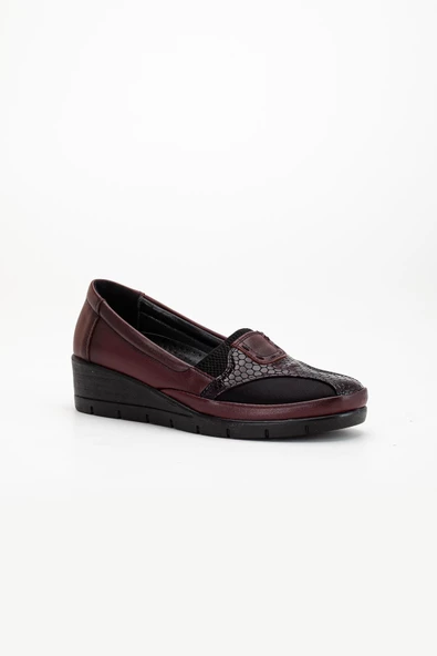 Büyük Numara Hakiki Deri Kadın Günlük Ortopedik Ayakkabı Bordo Yan Streçli - Resim 4