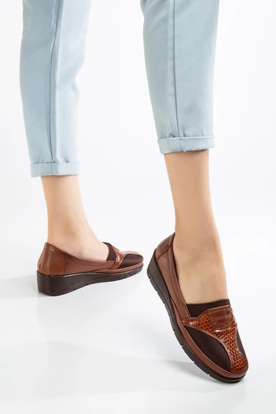 Büyük Numara Hakiki Deri Kadın Günlük Ortopedik Ayakkabı Taba Yan Streçli - Resim 2