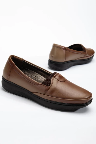 Büyük Numara Hakiki Deri Kadın Günlük Ortopedik Ayakkabı Vizon Düz Model ürün görseli