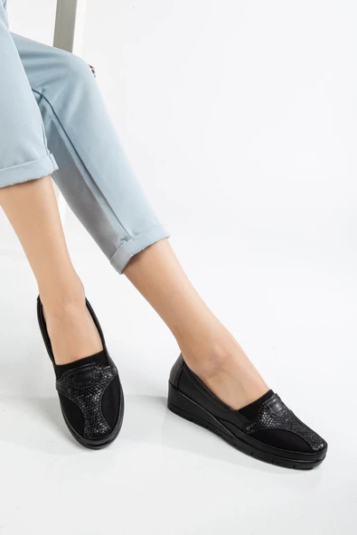 Büyük Numara Hakiki Deri Kadın Günlük Ortopedik Ayakkabı Siyah Yan Streçli - Resim 2