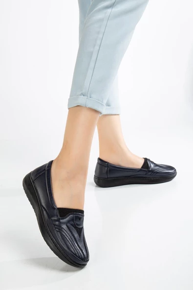 Büyük Numara Hakiki Deri Kadın Günlük Ortopedik Ayakkabı Lacivert Yüzü Nakışlı - Resim 2