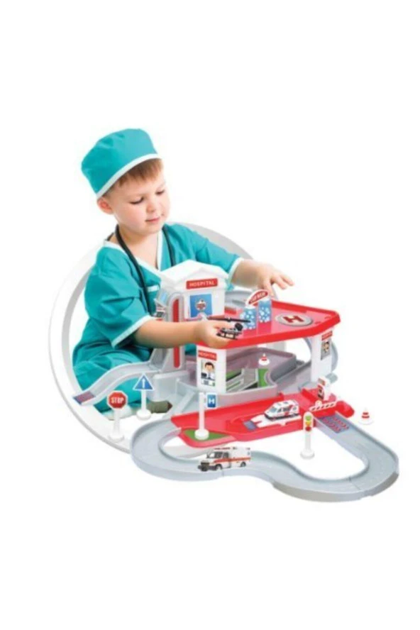 Dede Ambulans Arabası Ve Helikopterli Hastane Garaj Seti 2 Katlı - 3