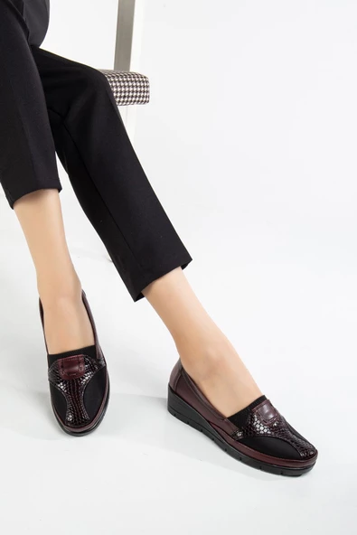 Büyük Numara Hakiki Deri Kadın Günlük Ortopedik Ayakkabı Bordo Yan Streçli - Resim 2