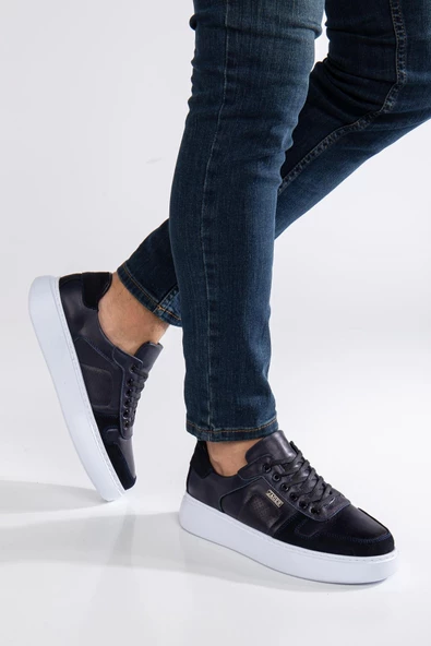 Hakiki Deri Erkek Günlük Ayakkabı Lacivert Süet ve Deri Bağlı Kalın Eva Taban - Resim 2