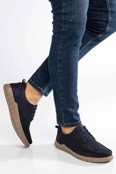 Hakiki Deri Nubuk Erkek Günlük Ayakkabı Lacivert Saraçlı Kısa Bağlı - Resim 2