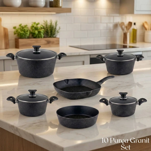 10 Parça Granit Set Cam Kapak - Siyah