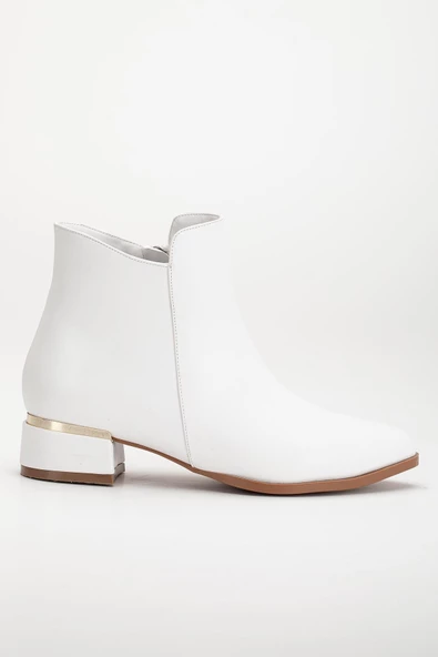 Kadın Kısa Topuklu Bot Beyaz Yüzlü Model Galvaniz Ökçeli - Resim 3
