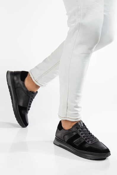 Hakiki Deri Erkek Günlük Ayakkabı Siyah Süet ve Deri Bağlı Termo Taban - Resim 2