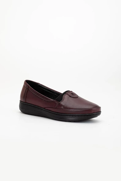 Büyük Numara Hakiki Deri Kadın Günlük Ortopedik Ayakkabı Bordo Düz Model - Resim 4