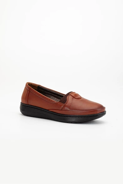 Büyük Numara Hakiki Deri Kadın Günlük Ortopedik Ayakkabı Taba Düz Model - Resim 4