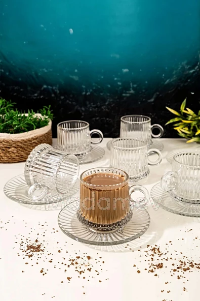 Madamev 12 Parça Cam Kahve Fincan Seti Origami Çizgili Desen Nescafe Fincanı Cam Tabaklı Çay Takımı 125cc - Resim 5
