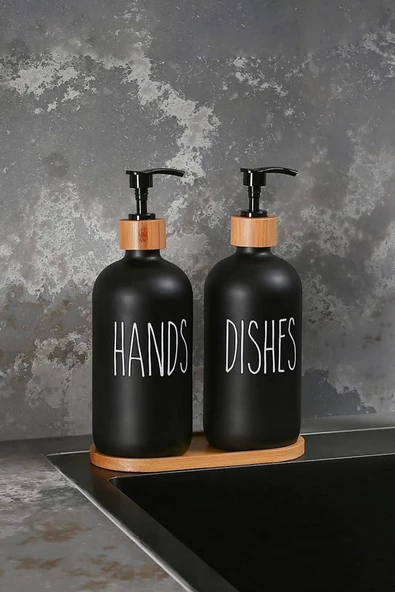 Hands Dishes 2’li Soft Siyah Dekoratif Mutfak Banyo Sıvı Cam Sabunluk Seti 500ml Bambu Stantlı Set - 6