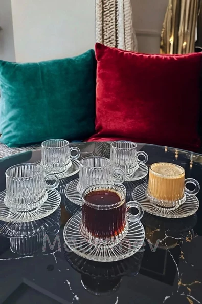 Madamev 12 Parça Cam Kahve Fincan Seti Origami Çizgili Desen Nescafe Fincanı Cam Tabaklı Çay Takımı 125cc - Resim 2