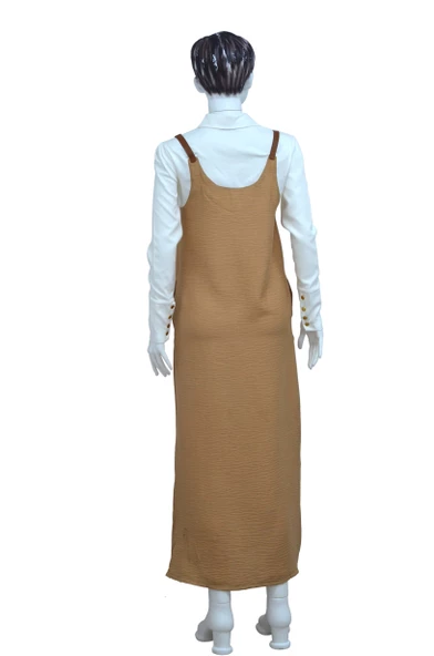 Omuz Bağlamalı Çıtçıtlı Gömlek Yakalı Uzun Kadın Elbise Kahverengi - 3