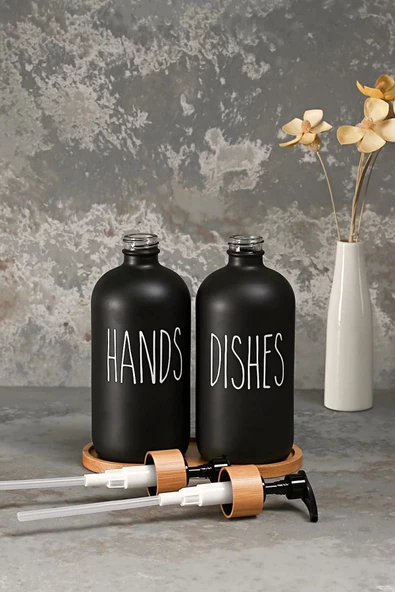 Hands Dishes 2’li Soft Siyah Dekoratif Mutfak Banyo Sıvı Cam Sabunluk Seti 500ml Bambu Stantlı Set - 2