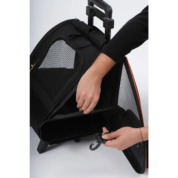 Brave Paws Tekerlekli Plastik Fileli Kedi ve Köpek Taşıma Çantası Çekçek Mekanizmalı Yıkanabilir (SİYAH) - 3