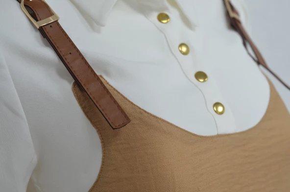 Omuz Bağlamalı Çıtçıtlı Gömlek Yakalı Uzun Kadın Elbise Kahverengi - 5