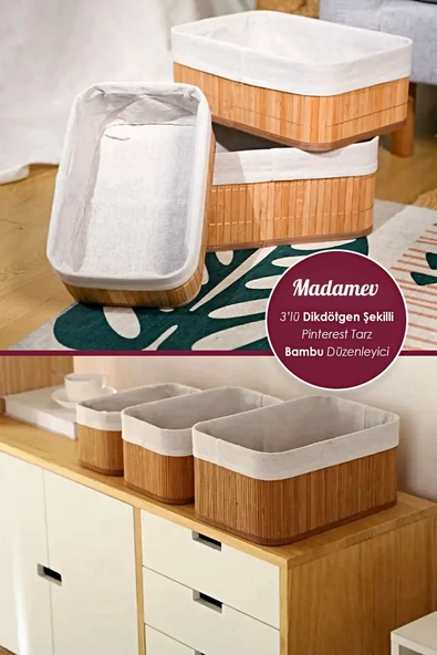 Madamev 3lü Pinterest Stil Bambu Kare Sepet Dekoratif Ev Düzenleyici Organizer Çok Amaçlı Bambu Hasır Sepet - 2
