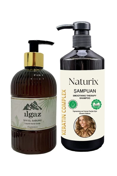 Naturix 2'li Set – Keratin Bakım Şampuanı (600 ml) ve Happiness Nemlendirici Sıvı Sabun (475 ml)