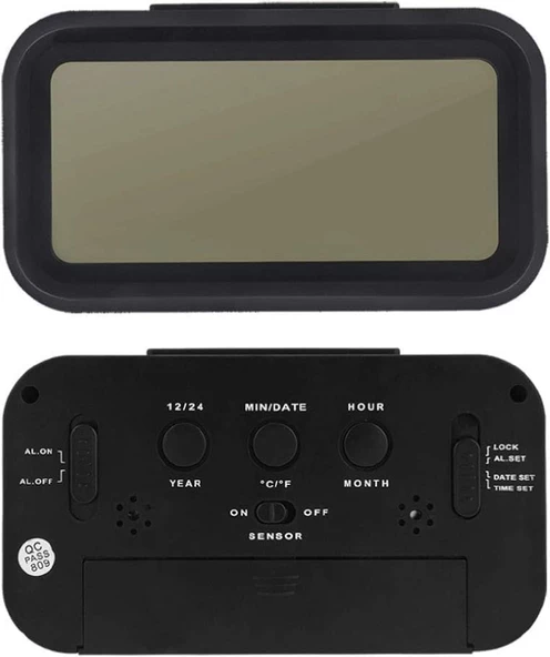 Dijital Termometreli Masa Saati, Lcd Ekran Çalar Saat - Siyah - 3