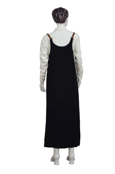 Omuz Bağlamalı Çıtçıtlı Gömlek Yakalı Uzun Kadın Elbise Siyah - 3