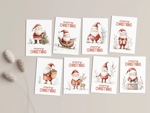 8’li Yılbaşı Noel Baba Kartpostal Seti, Mutlu Yıllar Kartı, Yeni Yıl Kartları - 3
