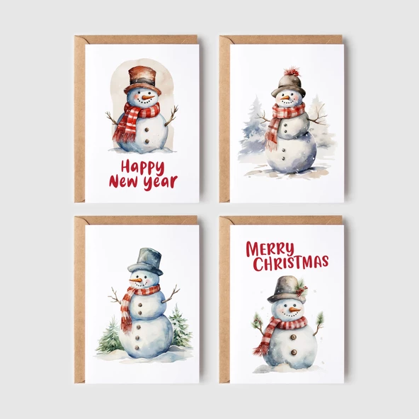 8’li Kardan Adam Kartpostal Seti, Mutlu Yıllar Kartı, Yeni Yıl Kartı, Yılbaşı Kartı - 2