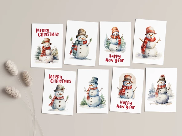 8’li Kardan Adam Kartpostal Seti, Mutlu Yıllar Kartı, Yeni Yıl Kartı, Yılbaşı Kartı - 3