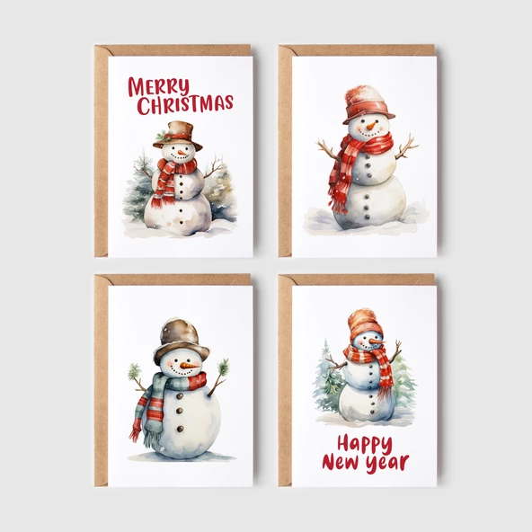 8’li Kardan Adam Kartpostal Seti, Mutlu Yıllar Kartı, Yeni Yıl Kartı, Yılbaşı Kartı