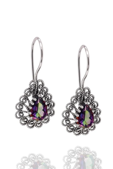 Miras Serisi  Gümüş Telkari Taşlı Damla Bayan Küpe Midyat Gümüşü - 9