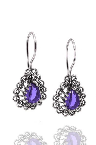 Miras Serisi  Gümüş Telkari Taşlı Damla Bayan Küpe Midyat Gümüşü - 4