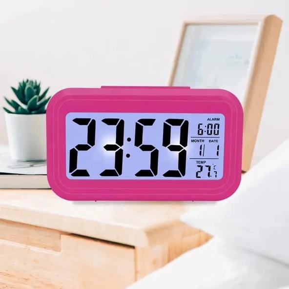 Dijital Termometreli Masa Saati, Lcd Ekran Çalar Saat - Pembe - 2