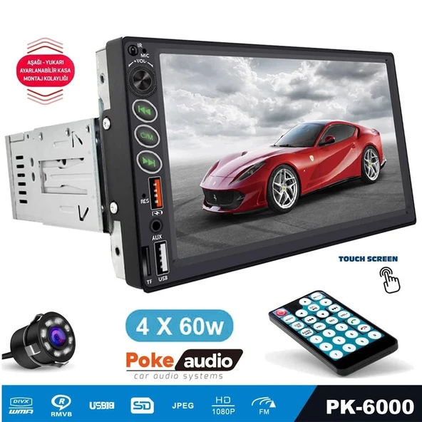 Ayarlanabilir Kasa 7 İnch Double Teyp Bluetooth 4x60 Watt  Ekran Yansıtma Kamera Hediyeli 2xusb Şarjlı