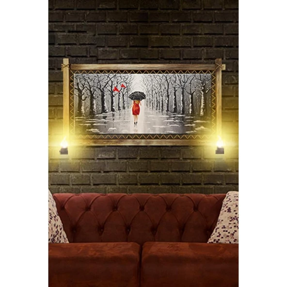 Kanvas Şemsiyeli Kadın Rustik Lambalı Tablo - Resim 2